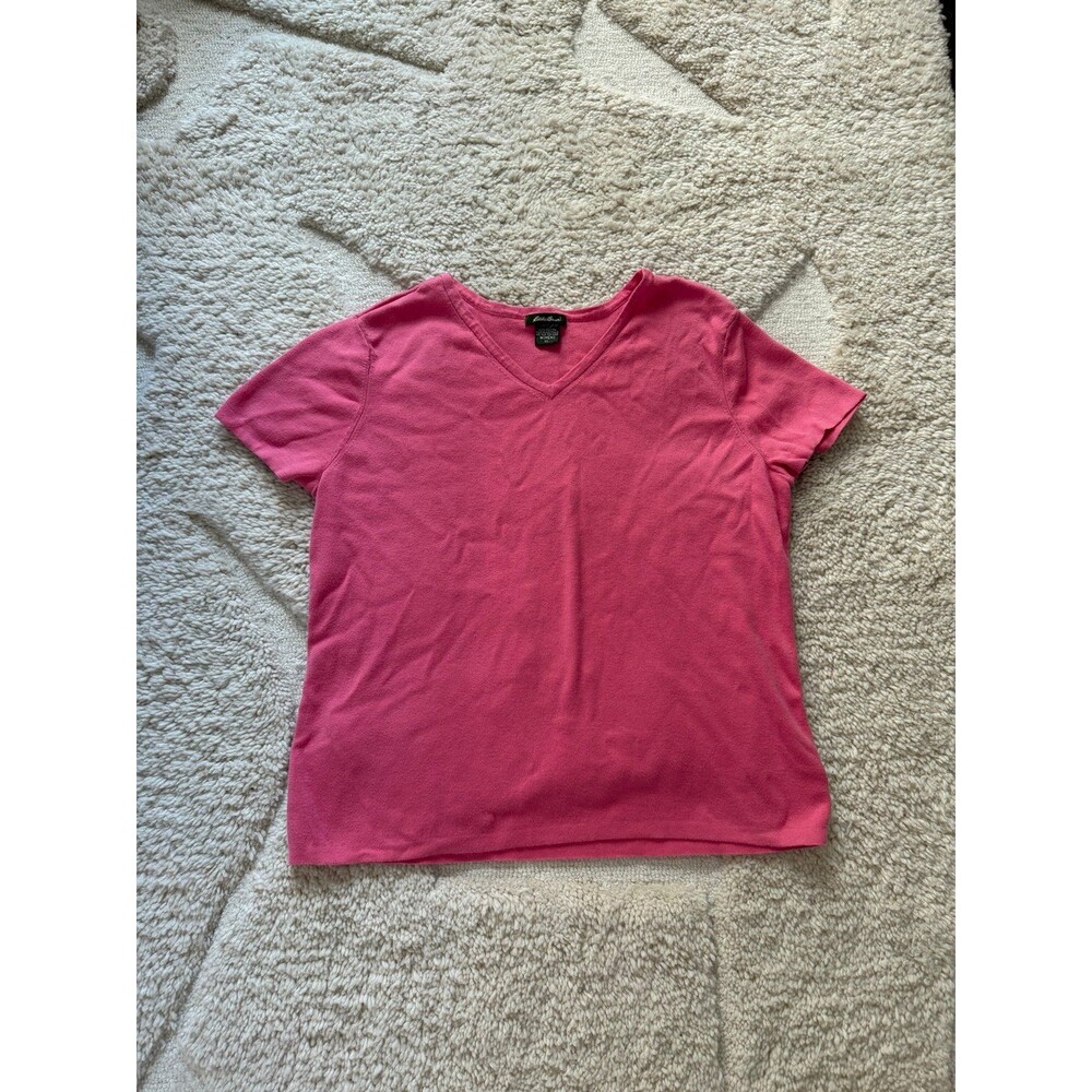 Vintage Eddie Bauer Pink Knit V-Neck Top Womens XL 100% Cotton Made In Australia